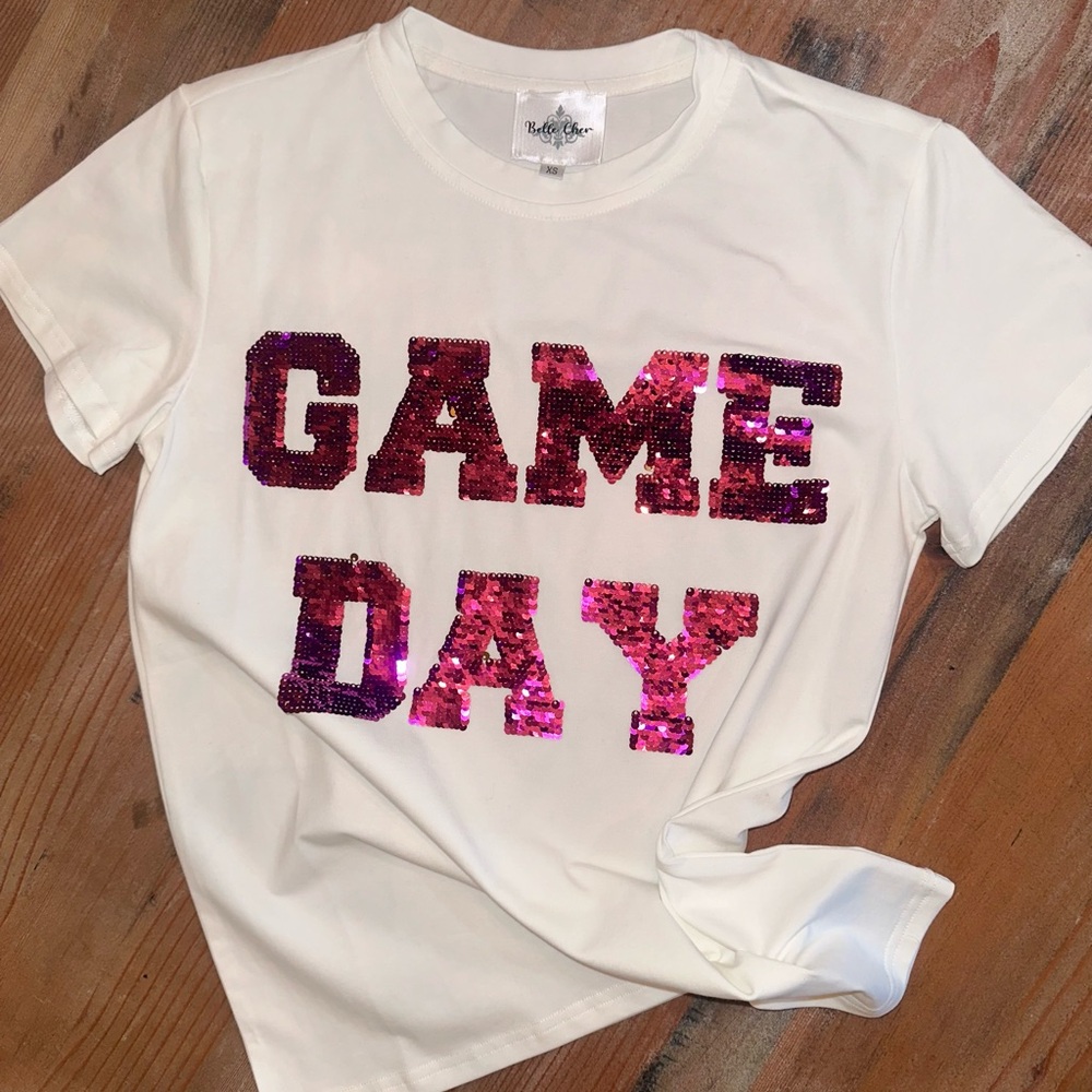 White Game Day T-Shirt with purple sequins